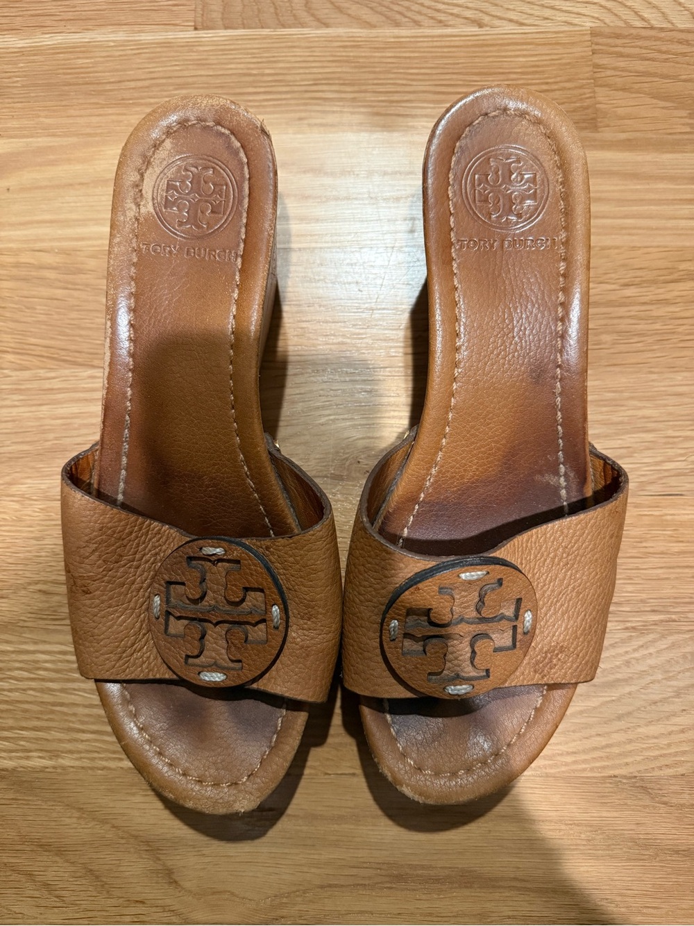 Tory Burch Cognac Leather Slide Mules with Logo Medallion